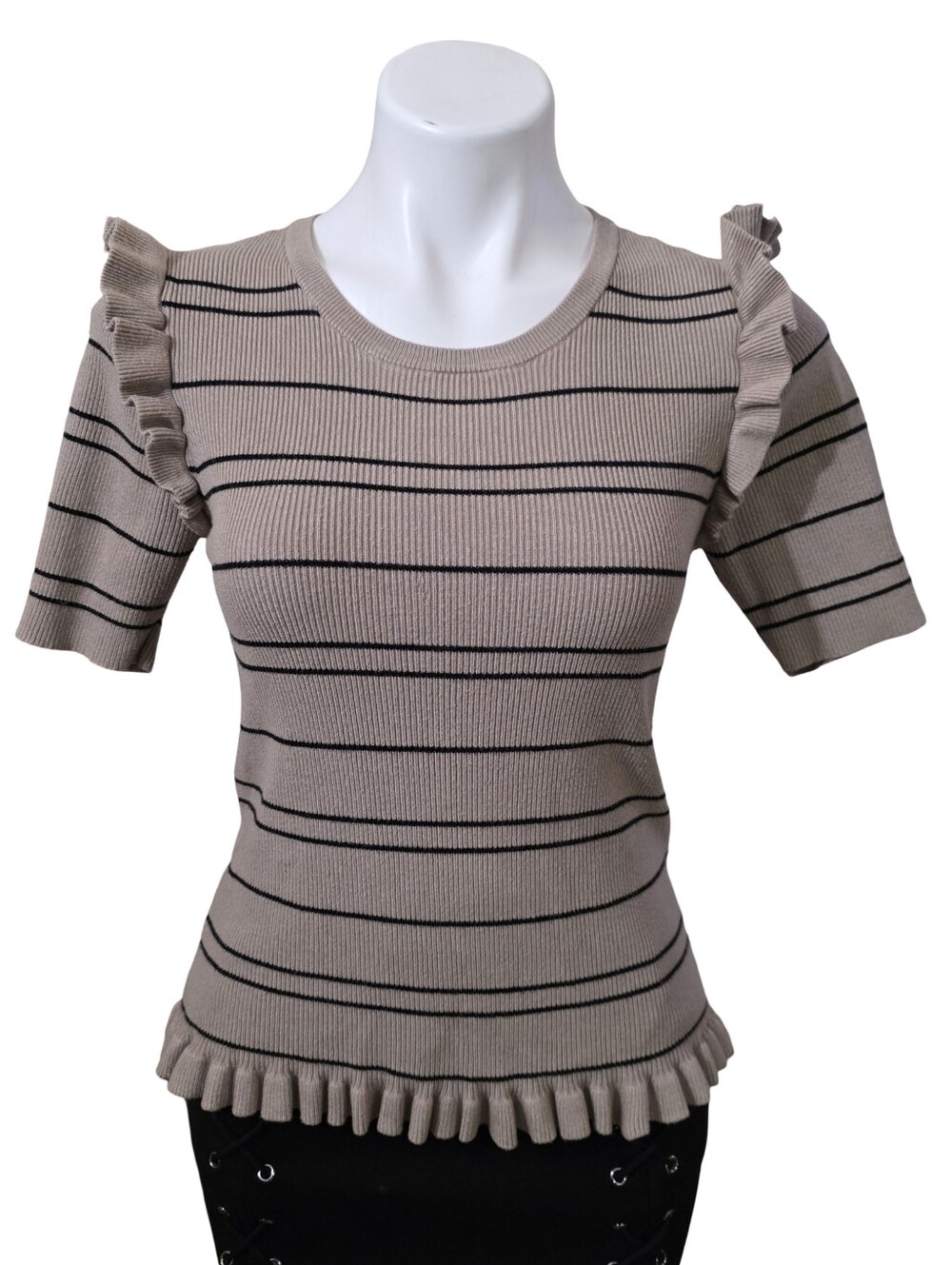 Laundry By Shelli Segal Viscose Beige Striped Ruffle Sleeve Knit Top